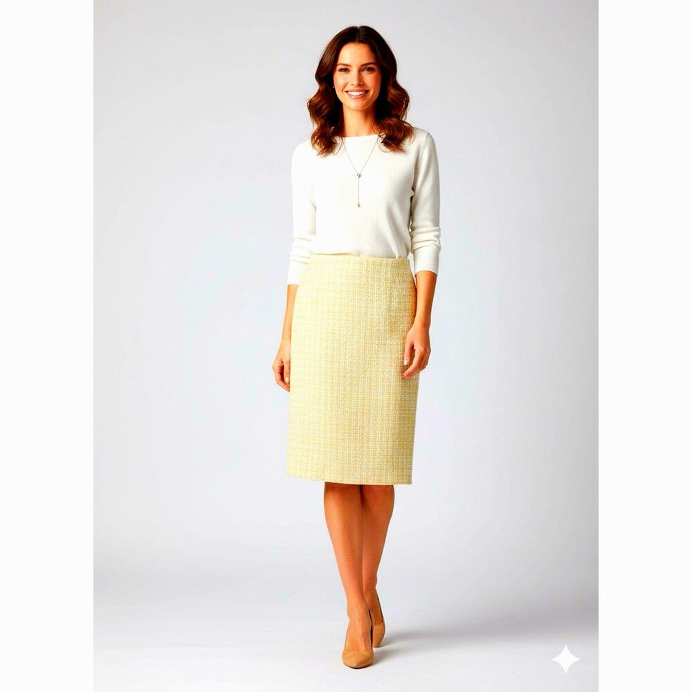 VTG 80s Mod Houndstooth Tweed White Yellow Pencil Wiggle Skirt SZ 6